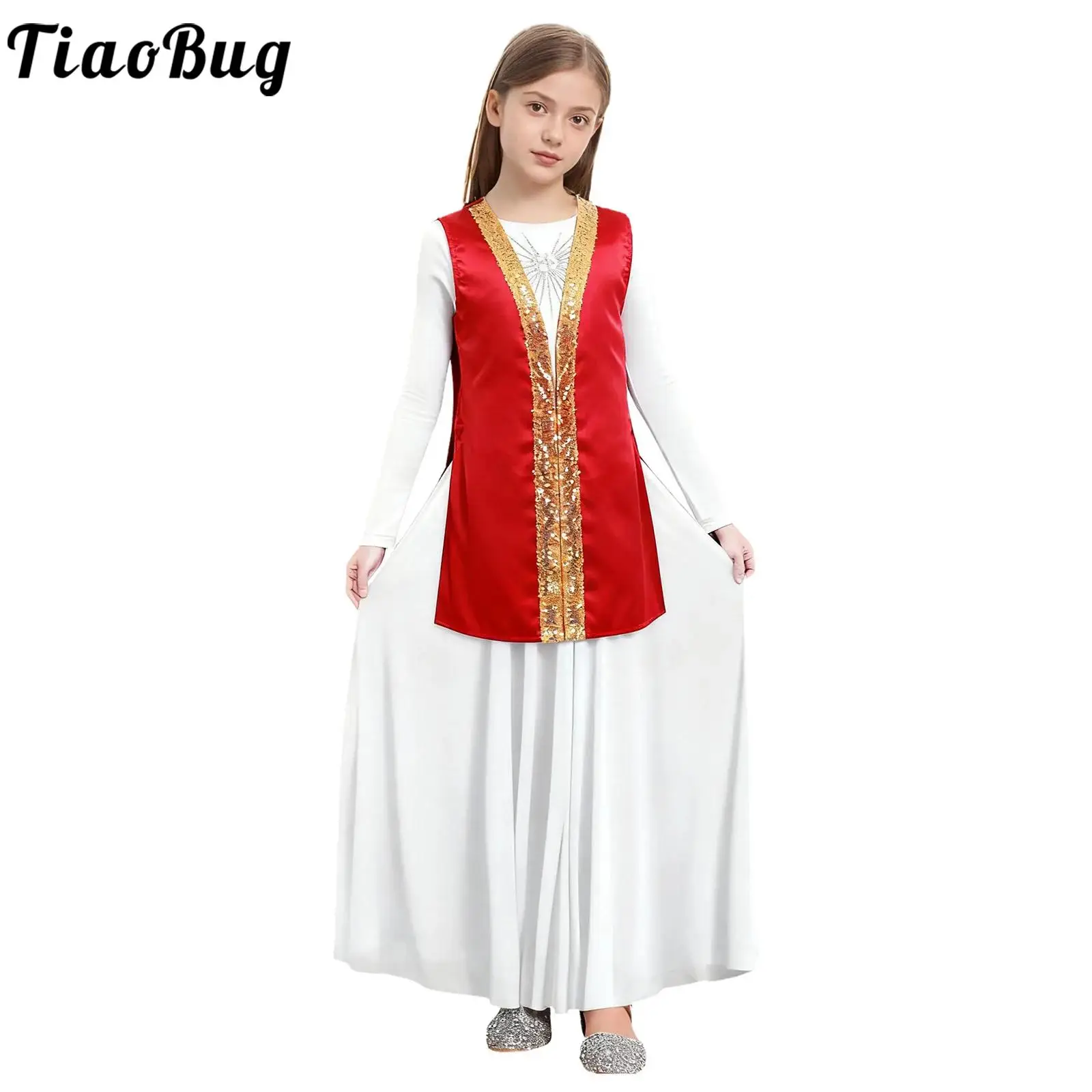 

Kids Girls Praise Dance Outfit Worship Liturgical Ballroom Dancewear Sides Split Satin Worship Robe with Long Sleeve Maxi Dress