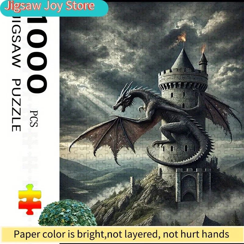 A  Jigsaw Puzzle Featuring a Dragon Castle with a Medieval Theme, Including a Dragon And Tower. This Large, Detailed Puzzle Is