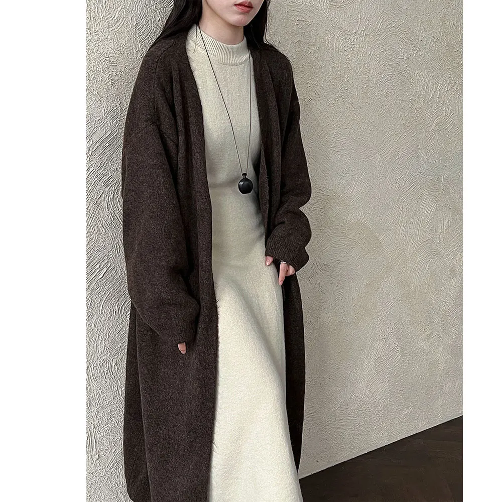 2025년 신상 여성 니트 롱 스웨터 코트 오픈 스티치 브이넥 긴팔 가디건 가을 겨울 여성용 상의 스웨터