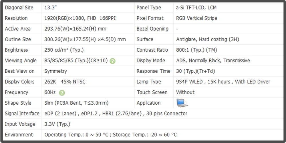 NV133FHM-N4A 13.3 pouces LCD Écran IPS Panneau Affichage 30 broches FHD 1920x1080 Non tactile