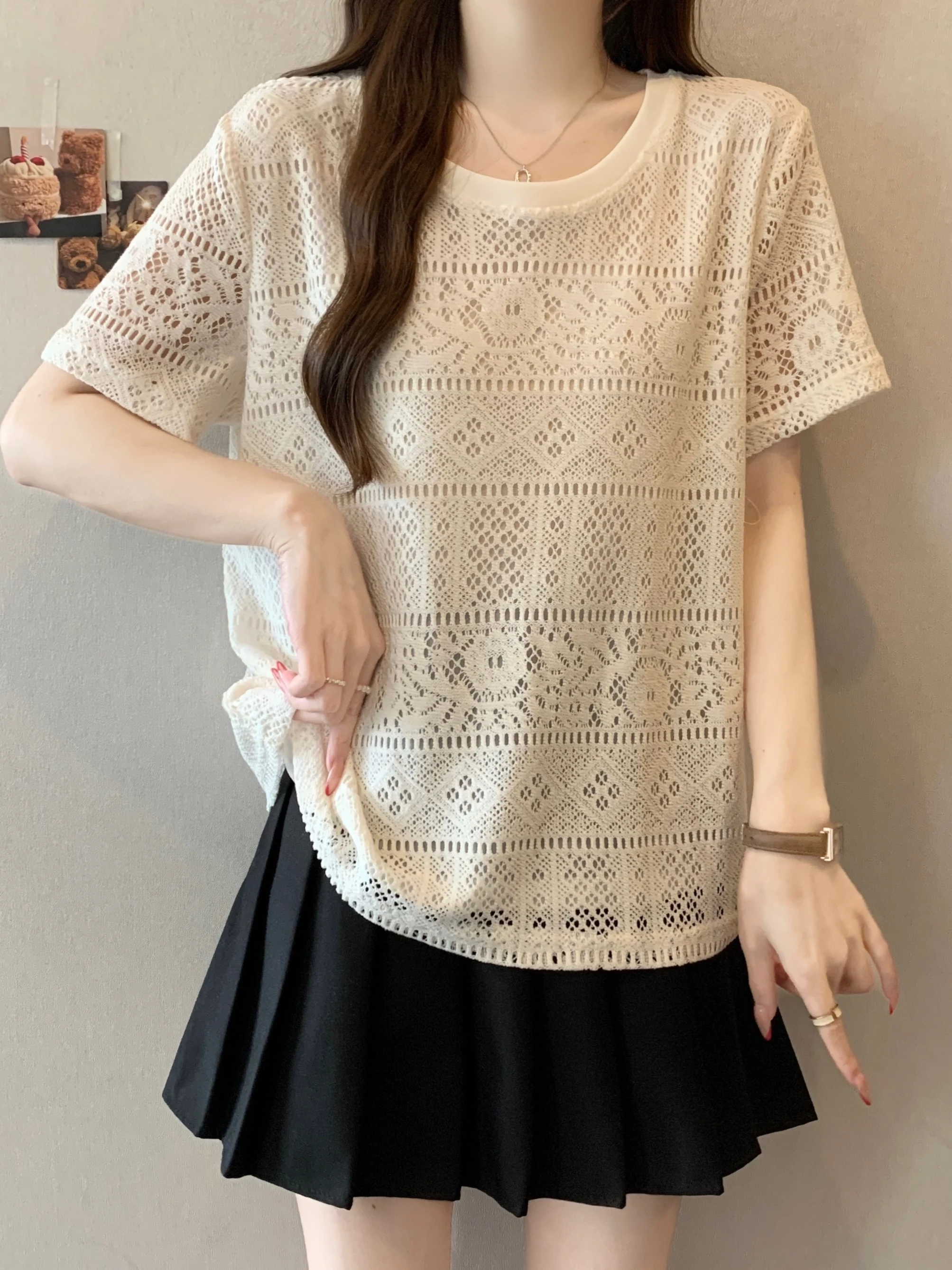 

plus Size Lightweight Lace Short Sleeve T-Shirt Women's Summer Slimming Flattering Versatile Top Breathable Skin-Friendly Kni...