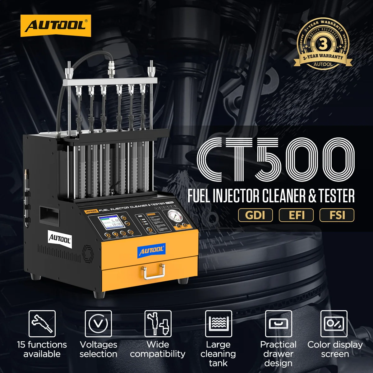 AUTOOL GDI Petrol Injector Cleaner CT500 6 Cylinders PIEZO Nozzle EFI FEI Fuel Injector Cleaning Machine for Car Motorcycle