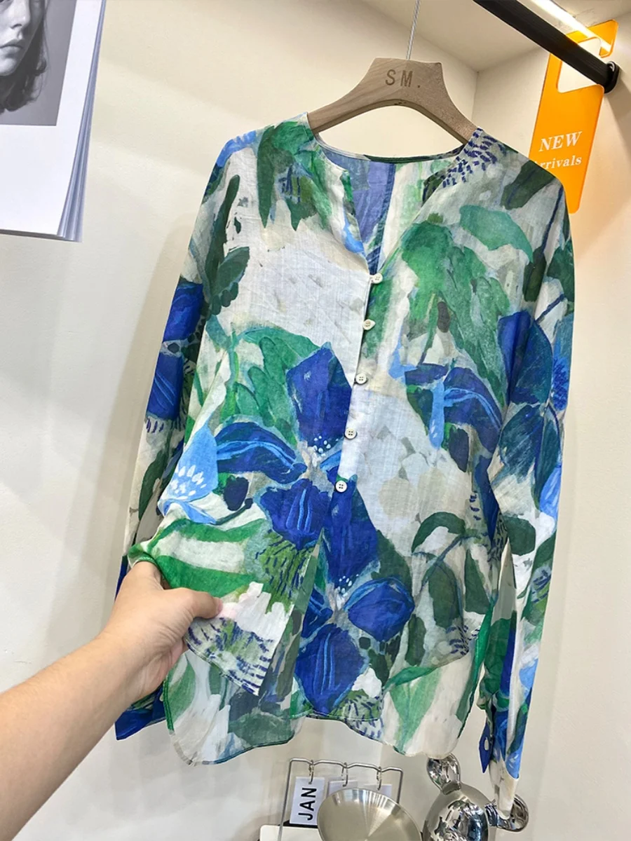 เสื้อทรงหลวม แขนยาว คอวี ลายพิมพ์ สไตล์เกาหลี-ญี่ปุ่น ลำลอง แฟชั่น เสื้อผู้หญิงสำหรับฤดูร้อน ไม่มีแบรนด์