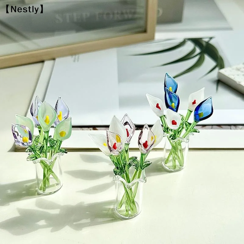 Handcrafted Glass Callalily With Stem Hand-Blown Mini Glass Flower Figurine Decoration Home Colorful Floral Ornament〔Nest〕