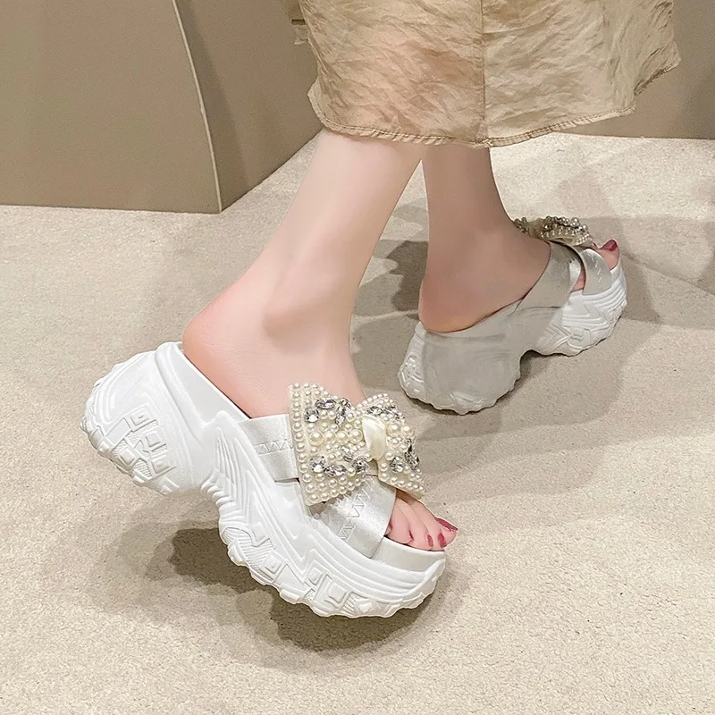 8cm Shiny Rhinestone High Platform Slippers Women Butterfiy-Knot Heels Chunky Sandals Woman Summer Thick Bottom Wedges Slides