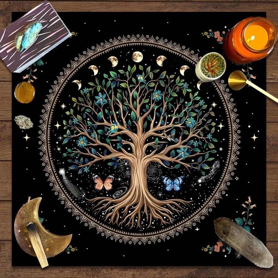 1PC Exquisite Tree Of Life Tarot Tablecloth, Colorful Polyester Altar Mat, Celestial Floral Design For Tarot Reading, Witchcraft