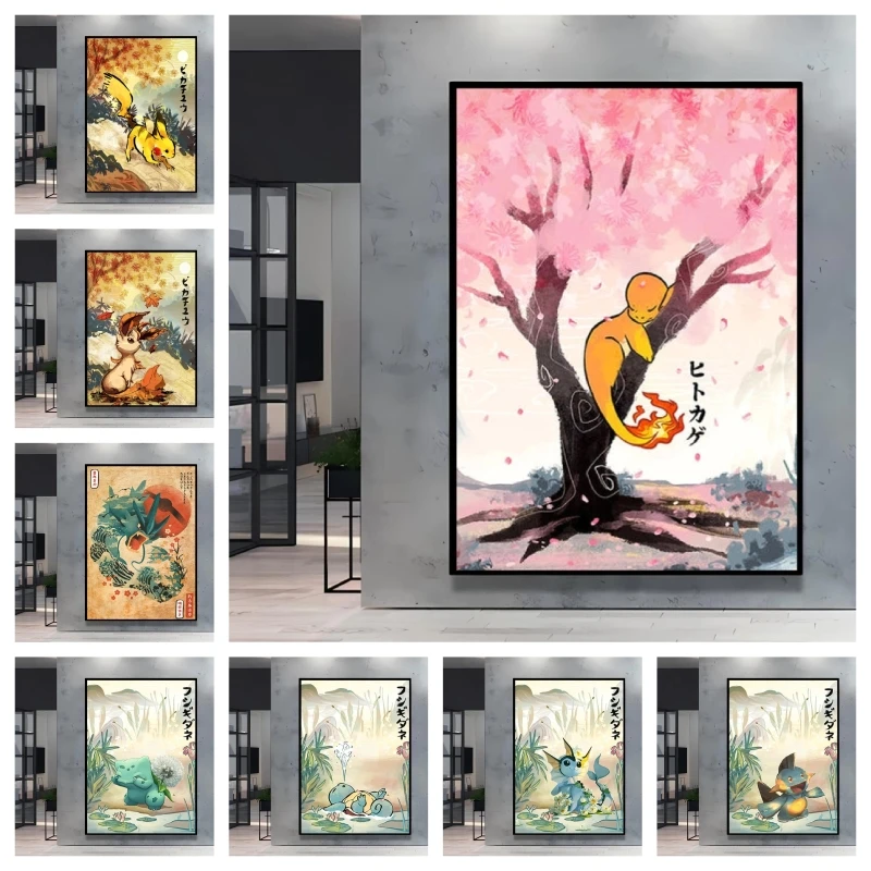 

Pokemon Themed Decorative Painting Charmander on Cherry Blossom Tree High Quality Canvas Gorgeous Colors Unique Home Decor