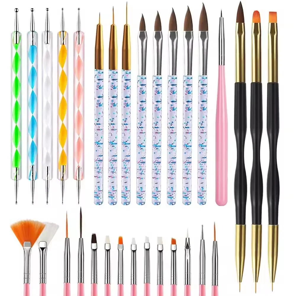 6/31Pcs Nail Art Brush Design Tip Painting Drawing Carving Dotting Pen FlatFan Liner Acrylic Gel UV Polish Manicure Tools