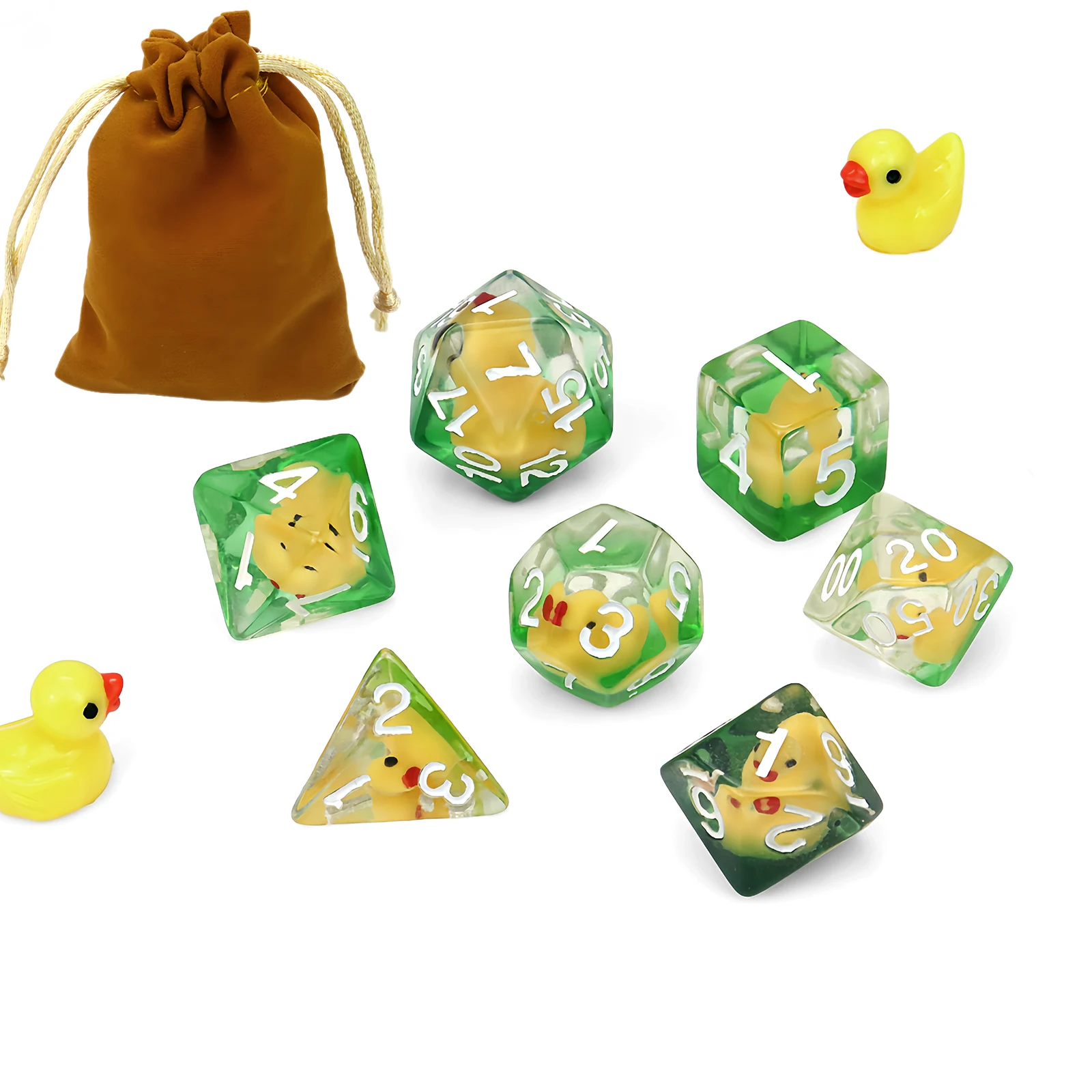 مجموعة من 7 نرد راتينج شفاف مع تصميم بطة صفراء كرتونية وأرقام بيضاء لألعاب الحفلات وإكسسوارات الألعاب #6