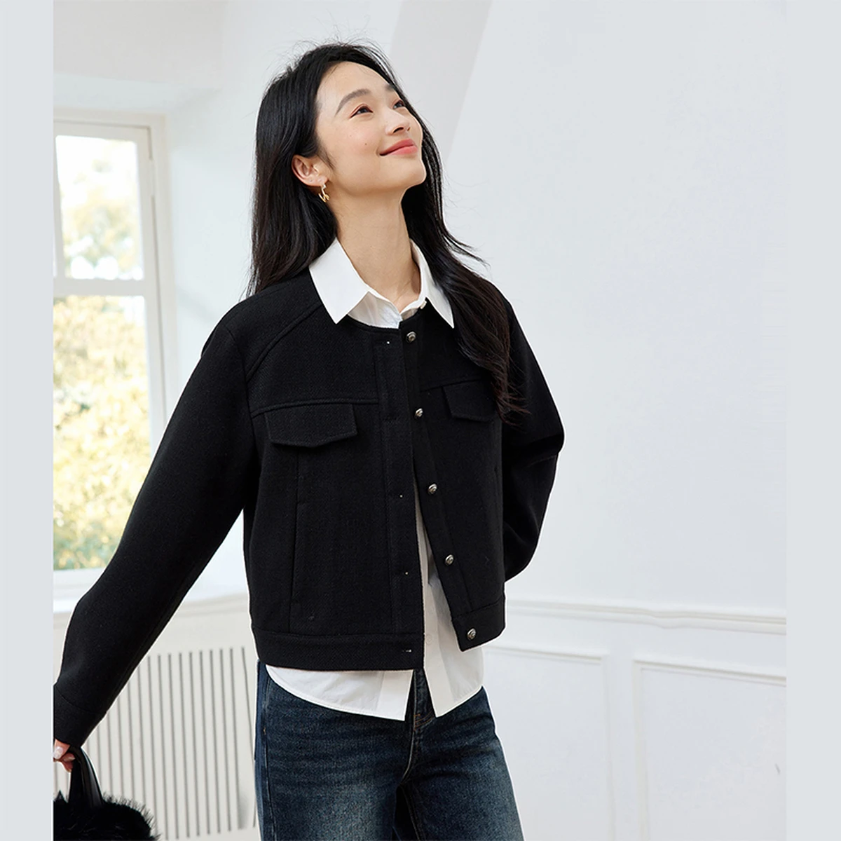 VIMLY Schwarze Jacke für Damen, 2025, Herbst-Safari-Stil, Rundhalsausschnitt, lange Ärmel, Damenmäntel, elegant, lose Knöpfe, weibliche Oberbekleidung M8795