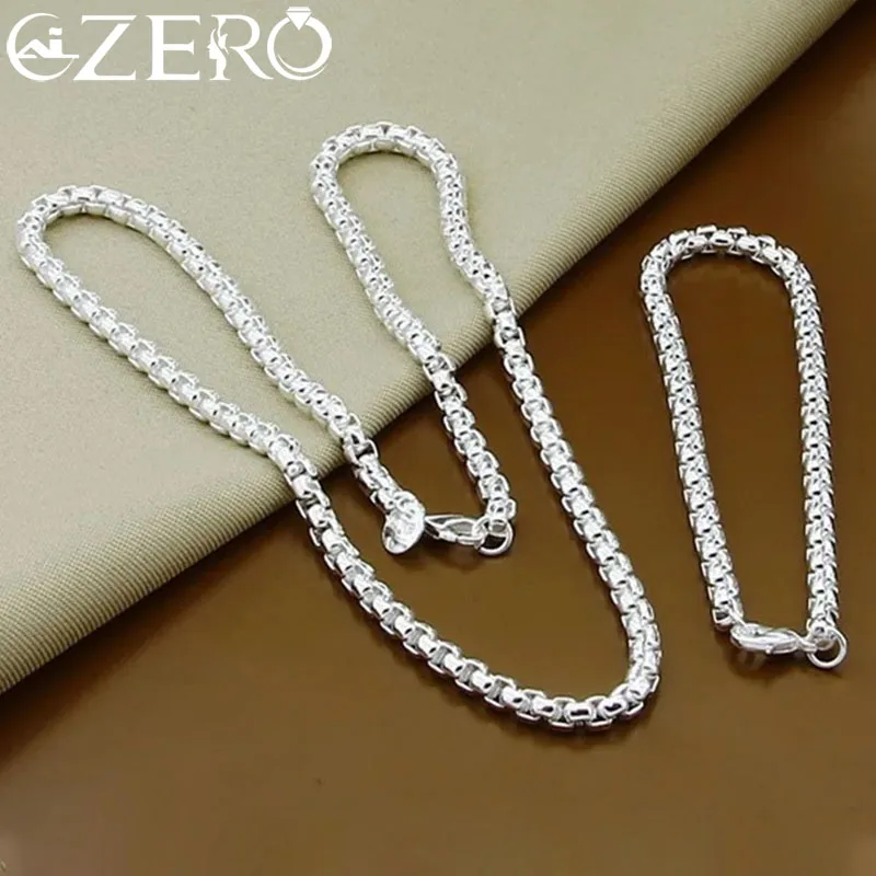 45-60cm 925 Sterling Silver 4mm Round Box Chain Necklaces Bracelets Set For Women Men Fashion Wedding Party Charm Jewelry