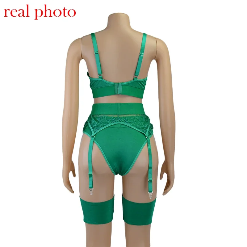 Sexy Bra Green Lingerie For Woman Erotic Underwear Set Lace Bandage Bralette Set Sexy Push up Lenceria 3 Piece Set