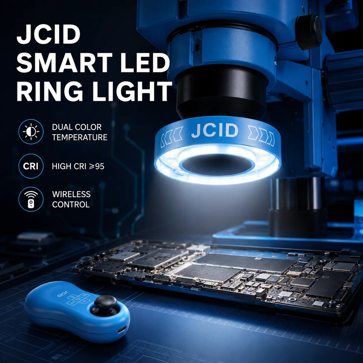 JCID Smart LED Ring Microscope Light Dual Color Temperature High CRI Wireless Remote Lamp for Mobile Phone Repair Soldering