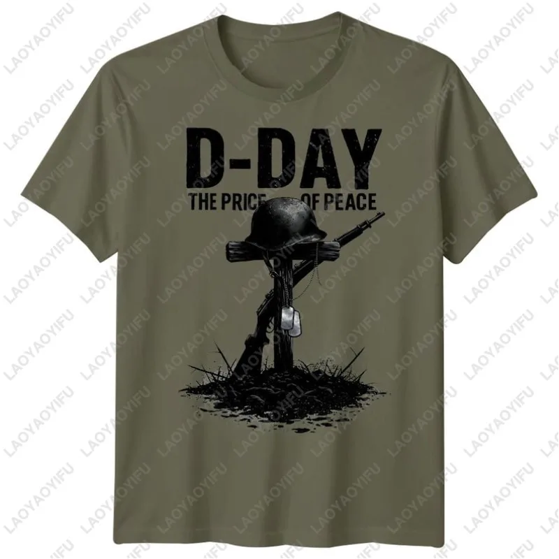 Helmet Rifle D-Day T-Shirt Unisex Tee 1944 World War II Normandy Military History Outfit Cotton Tshirt Summer Fashion Casual Top