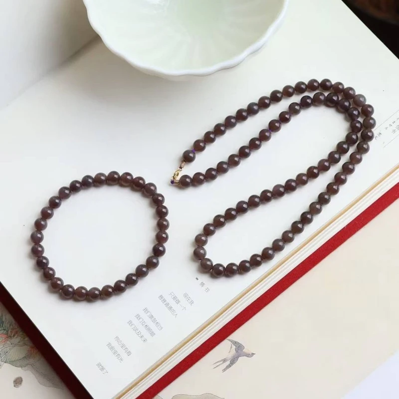 

Natural Hotan Qinghai Old Material Smoky Purple Jade Necklace and Bracelet Set