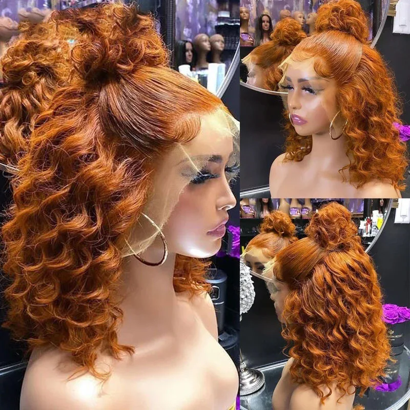 High Ponytail Deep Wave Short Bob Ginger Orange Brown Pre Plucked Lace Front Wigs Synthetic Hair Hairline Fiber