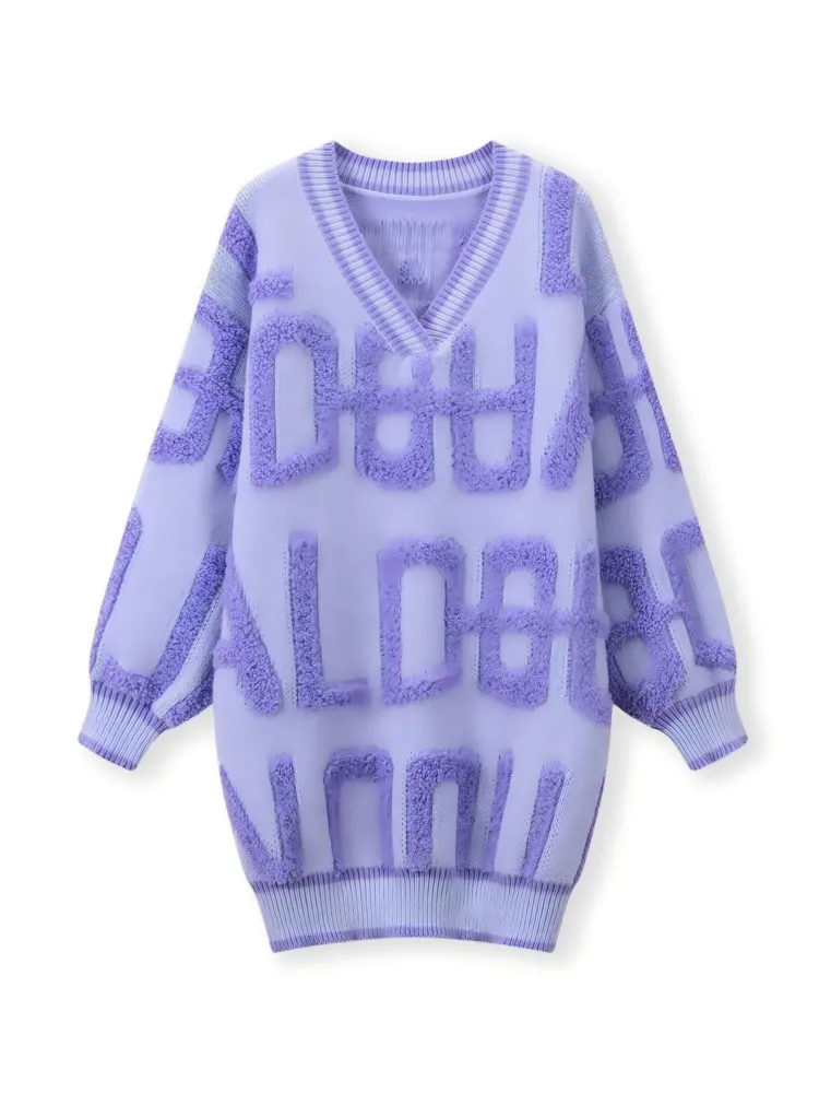 

Casual All-match Loose Simple Style Sweater Comfortable Winter Clothes Woman Pull Femme V-neck Long Sleeves Commuting Embroidery