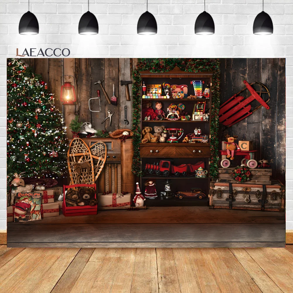 

Laeacco Christmas Santa Claus's Toy Shop Backdrop Winter Wood House Xmas Tree Kids Baby Birthday Portrait Photography Background