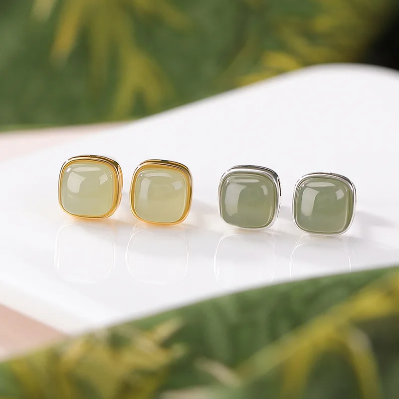 

S925 Sterling Silver Gold-Plated Hetian Qing Jade Square Geometric Sugar Cube Earrings