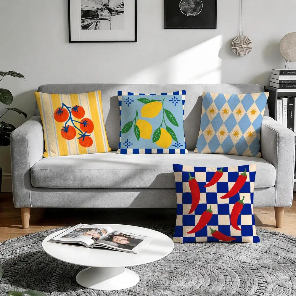 Lemon Sardine Palm Tree Cushion Cover Natural Breathable Durable Linen Printed Decor Pillow Case Sofa Bedroom