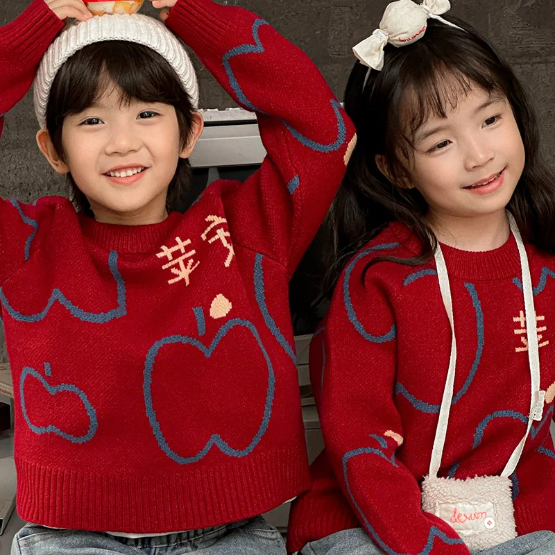 1-12 Year Girl Boy Brother Sister Sibling S-3XL Mom Dad Family Matching Outfits Print Letter 2025 Chinese New Year Red Sweater