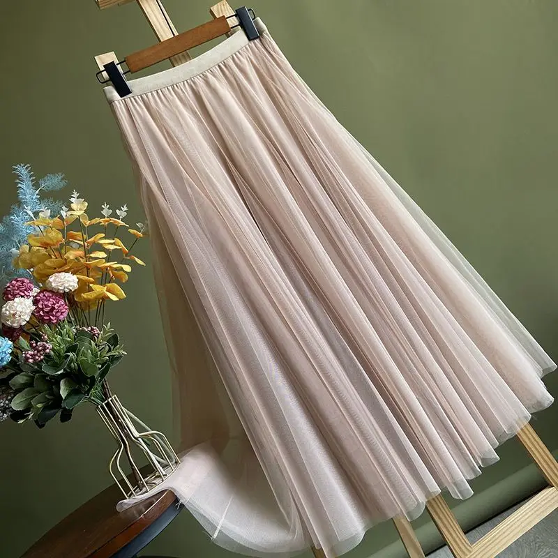 2024 Spring Sheer Pleated Long Skirt for Women Summer Solid Color High Waisted Chiffon Long Skirt for Elegant Women P736