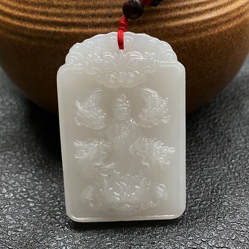 

New White Jade Kowloon Guanyin Square Pendant Men's and Women's Sweater Chain Jade Pendant