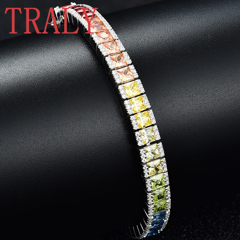 925 sterling silver princess square gradually changing color natural rainbow full diamond silver bracelet women\'s jewelry