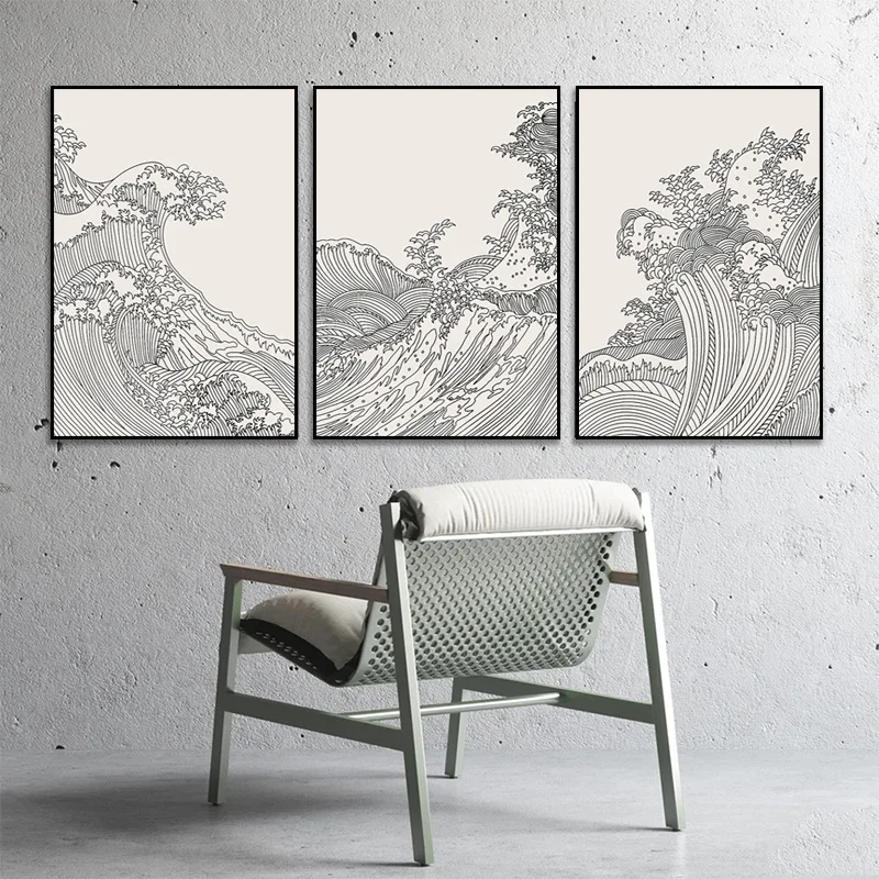 1pc frameless Canvas Painting Nordic Black and White Canvas Painting Lines Abstract Sea Waves Japanese Style Homestay Posters HD