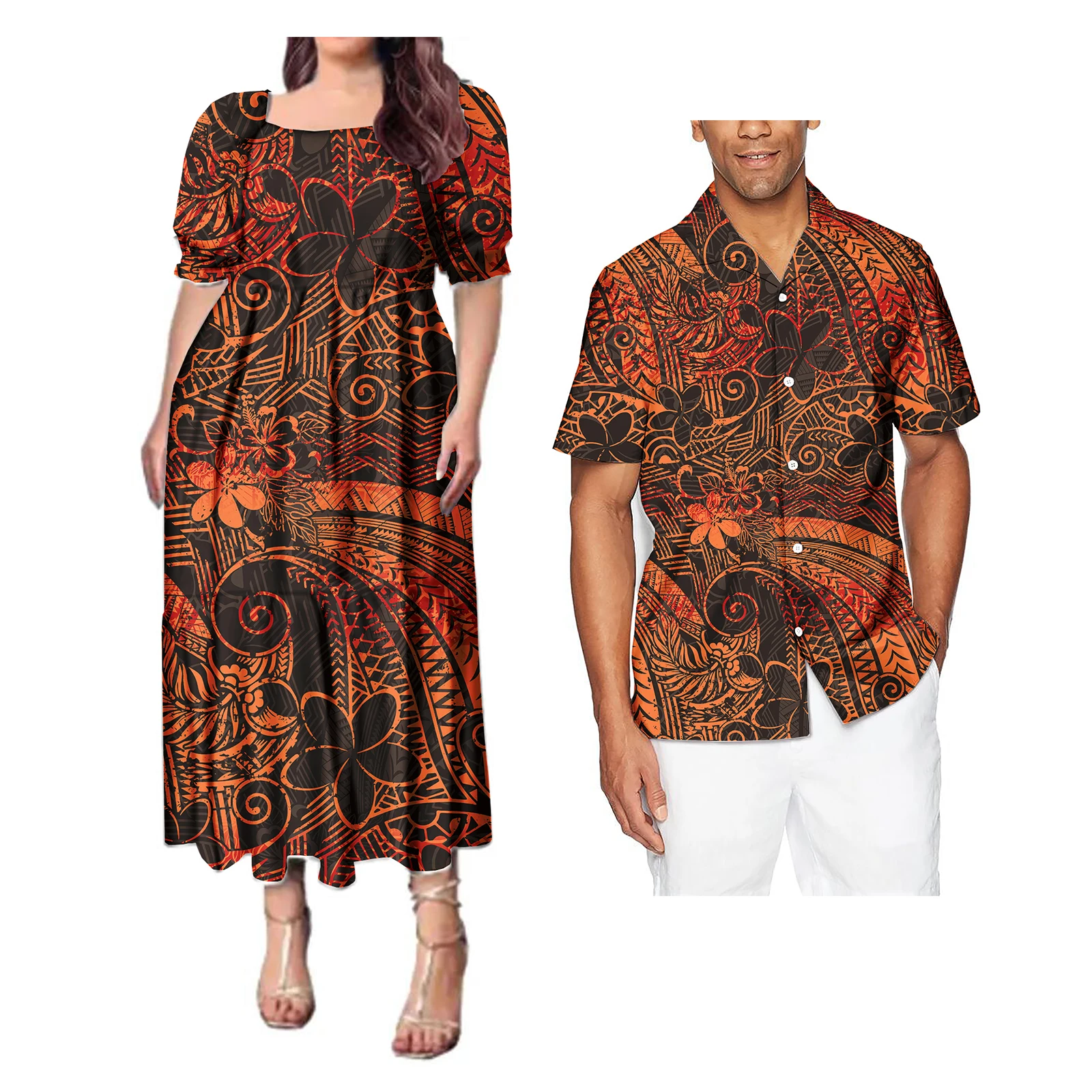 Paar Outfit Sets Dames Avondjurken Polynesische Patroon Ontwerp Klassieke Heren Hawaiiaanse Shirts Overeenkomen Met Vrouwen Plus Size Jurk