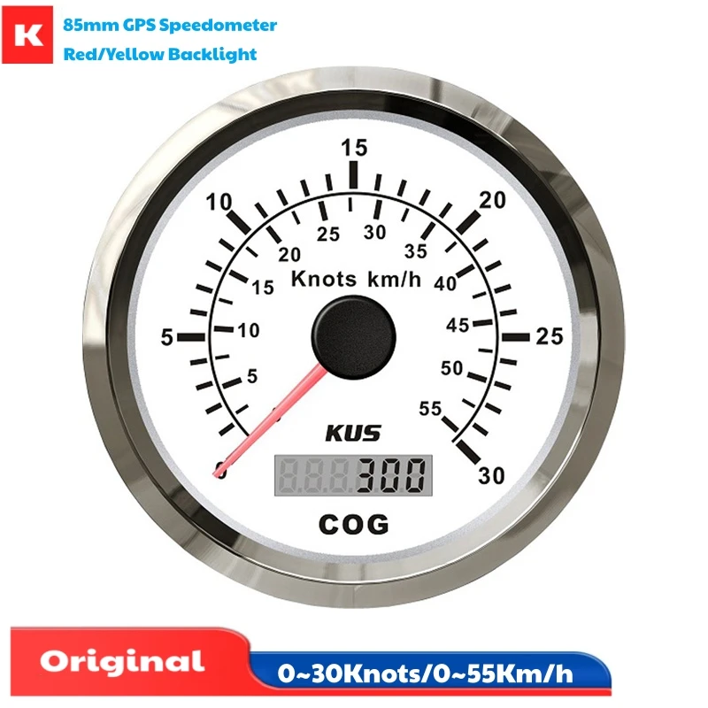 Image of KUS 85 mm 0–30 Knots zeigen GPS-Geschwindigkeitsmesser 0–55 km/h Geschwindigkeitsmesser, schwarzes Instrument 0–360 °C mit GPS-Antenne, rote Hintergrundbeleuchtung für Boot