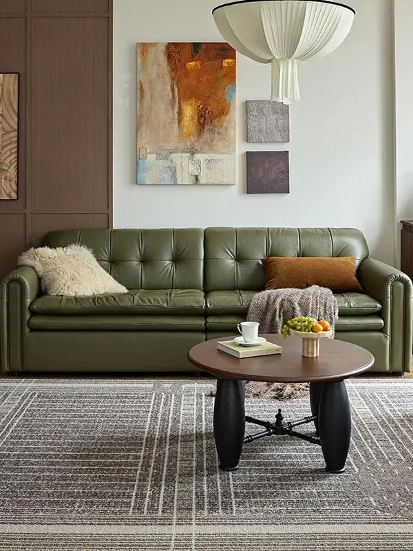 French retro green leather & sofa 2024 living room new medieval small apartment