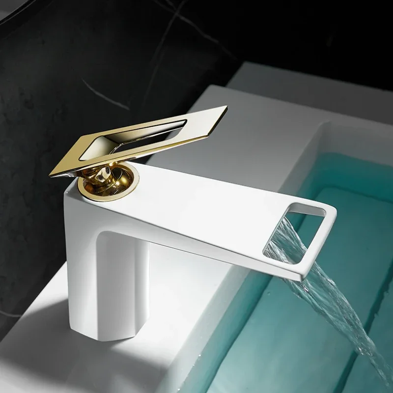 White/Gold Waterfall Basin Faucet Deck Mounted Bathroom Mixer Tap Single Hole Single Handle Modern Washbasin Crane