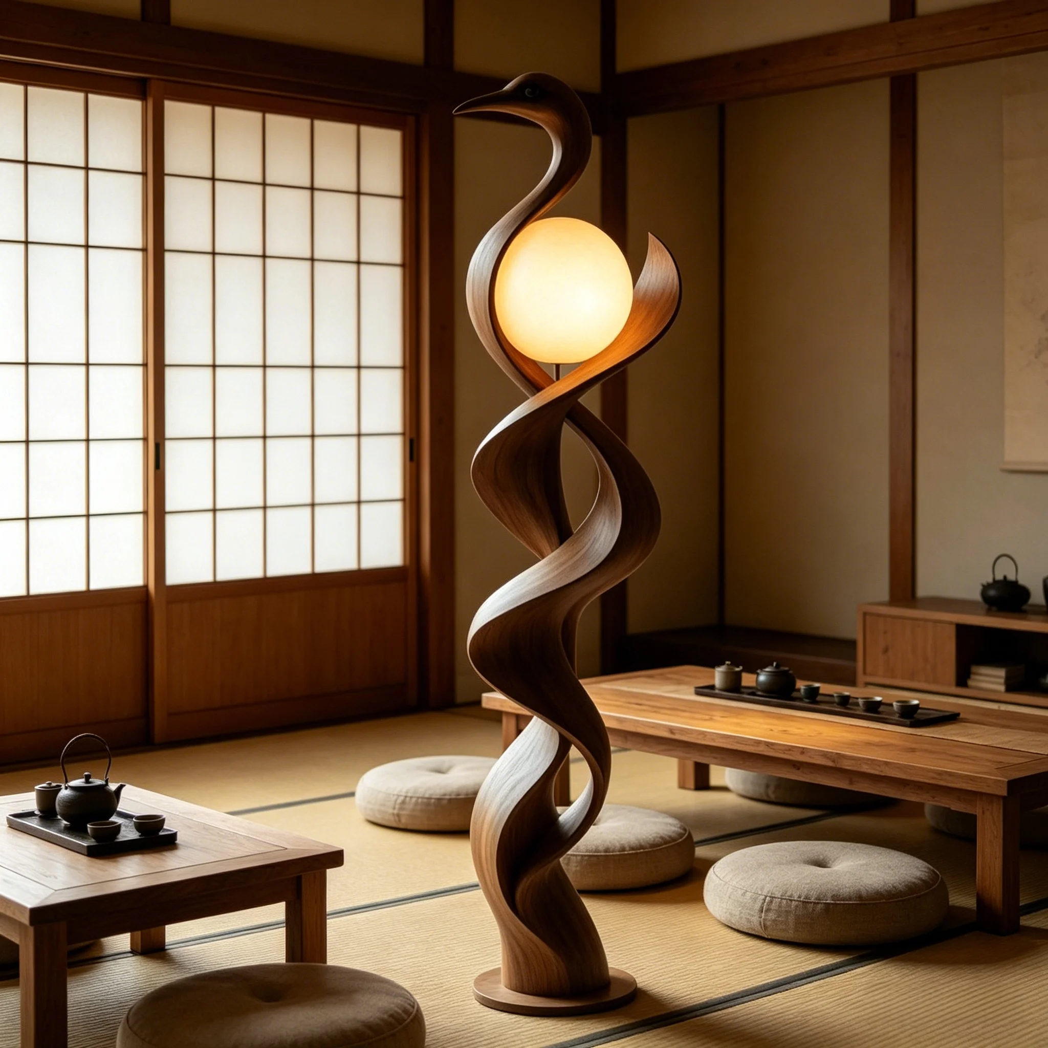 ！@Handcarved Swan Shape Solid Wood Floor Lamp-H160cm Curved Art Modern Lighting Ornament for Home Interior Decor