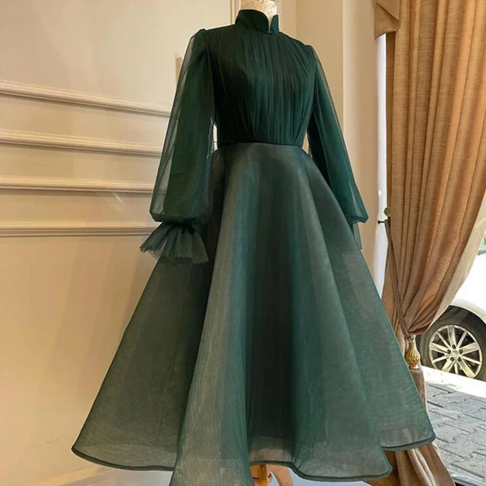 

Fashion Prom Dresses Elegant Long Puffy Sleeves High Neck A-Line Evening Gowns Chic Ankle Length Draped Wedding Party Dresses