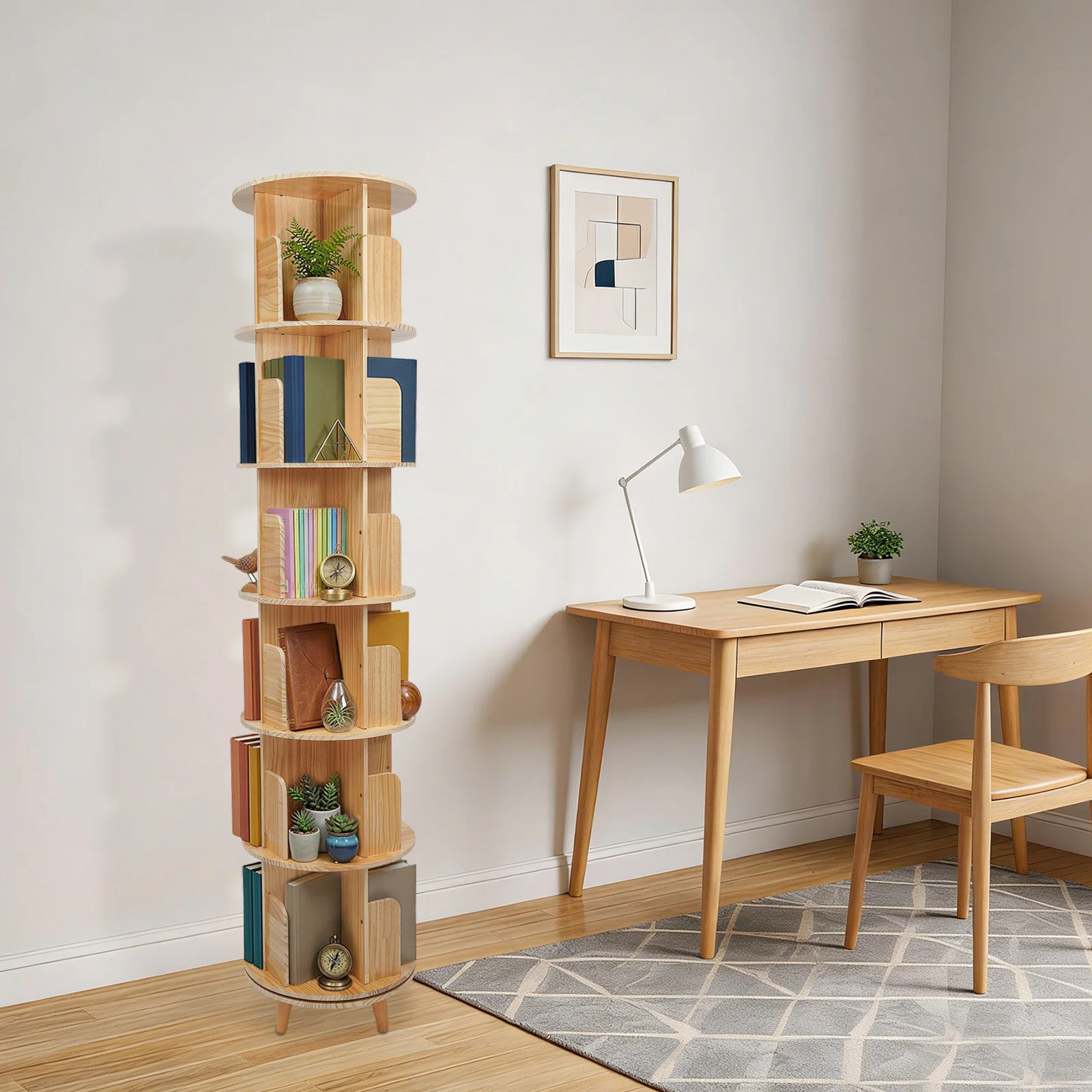 Draaibaar boekenrek, 6-laags staand boekenrek van massief hout met poten, boekenkast van grenenhout voor woonkamer, kantoor, studeerkamer