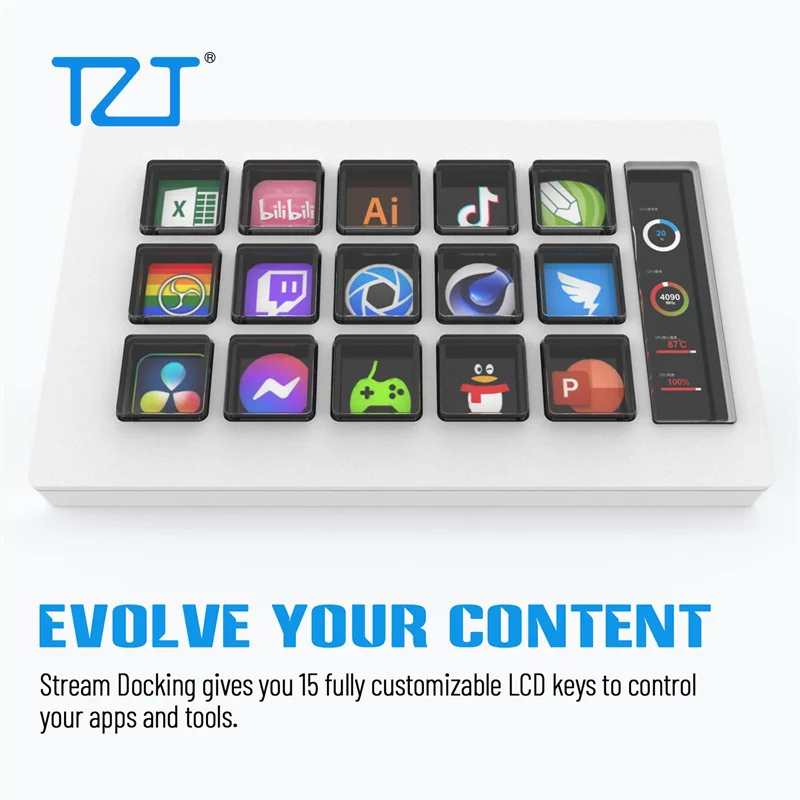 TZT MiraBox MBOX 293S Visual Keyboard Stream Deck (белый/черный) с 15 ЖК-клавишами и ЖК-дисплеем для потоковой передачи