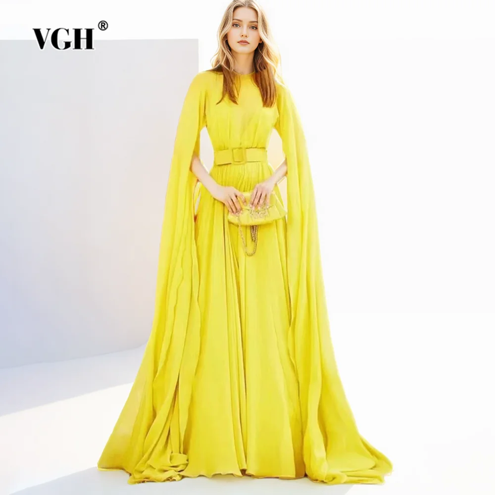 

VGH Solid Spliced Folds Elegant Dresses For Women Round Neck Long Sleeve High Waist Patchwork Belt Temperament Dress Female New