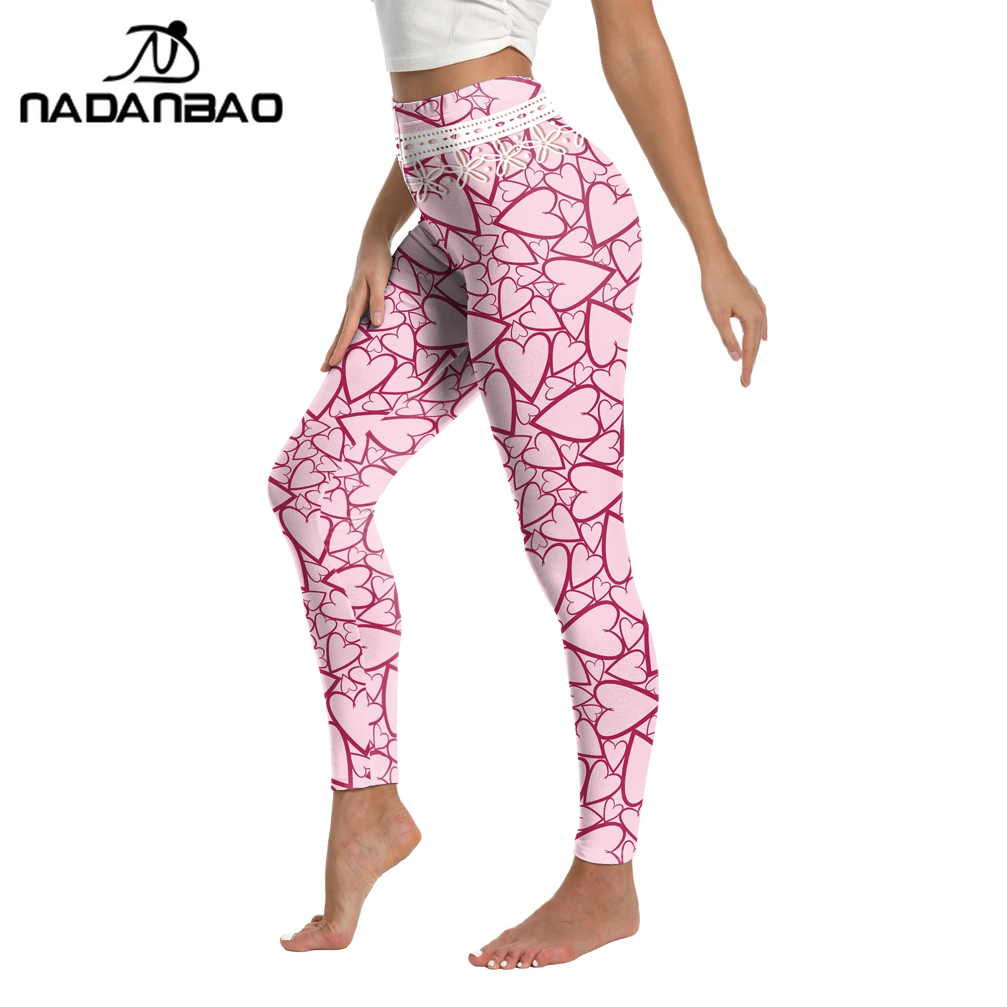 Nadanbao Pink Love Heart Print Leggings for Women Valentine's Day Party Trousers Spring Sexy Mid Waist Pants Casual Yoga Bottoms