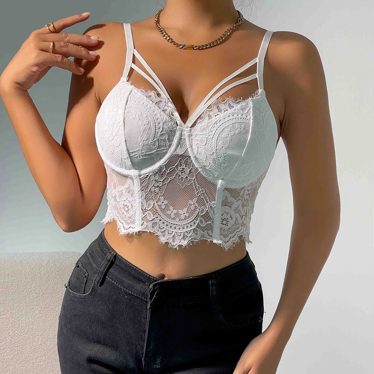 シアーレースビスチェトップ レディース セクシー プッシュアップブラレット Y2K アンダーワイヤーコルセット キャミソール 調節可能なストラップ付き セクシーコルセットベストトップス ロパ