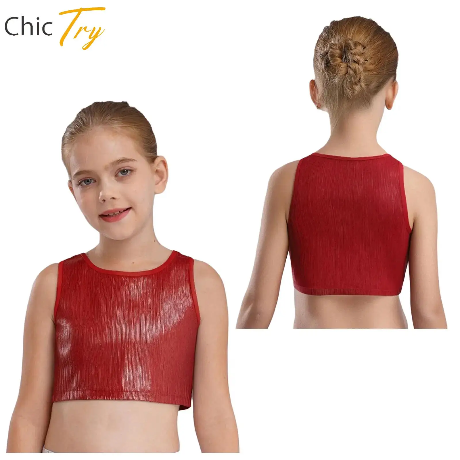 

Kids Girls Jazz Dance School Stage Performance Costume Sleeveless Metallic Ribbed Vest Crop Top for Festival Fancy Dress Party