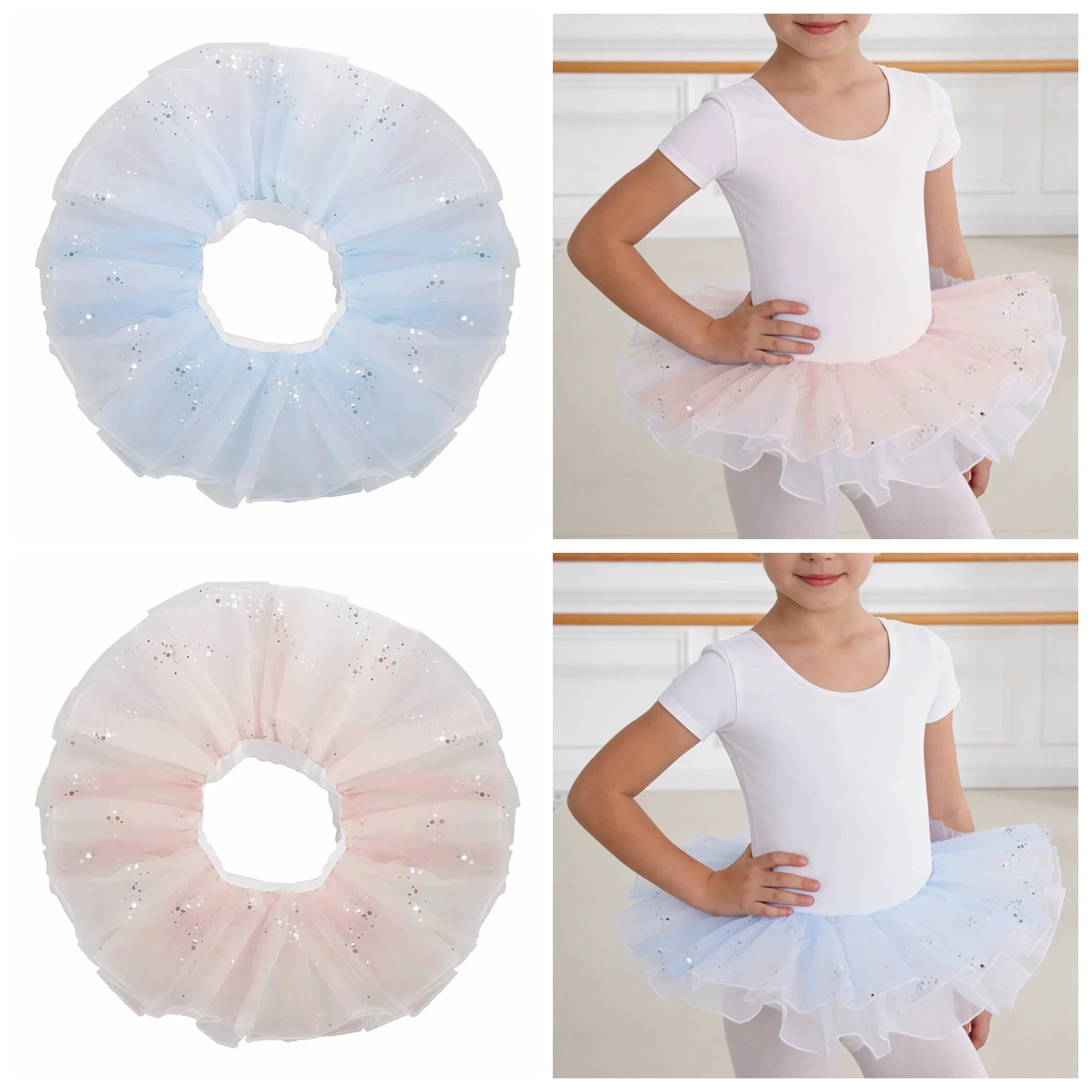 

Girls Layered Tulle Tutu Skirt Ballet Dance Costume Elastic Waistband Glittery Sequin for Dance Competition Practice Performance
