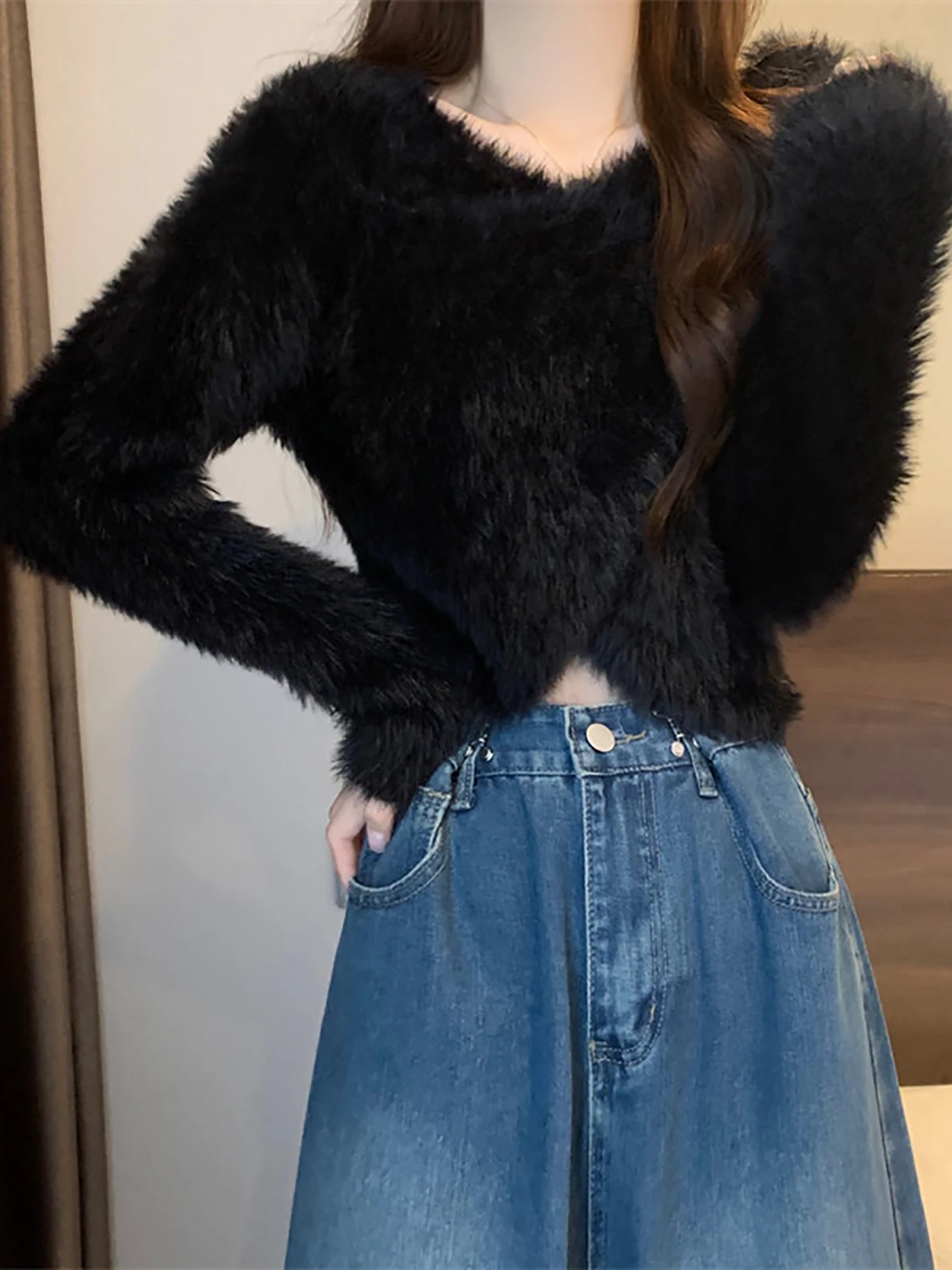 الكورية Sle لينة ort محبوك سترة المرأة Faion الصليب تصميم وهمية المنك المخملية الخريف جديد الحلو Sle أعلى irt