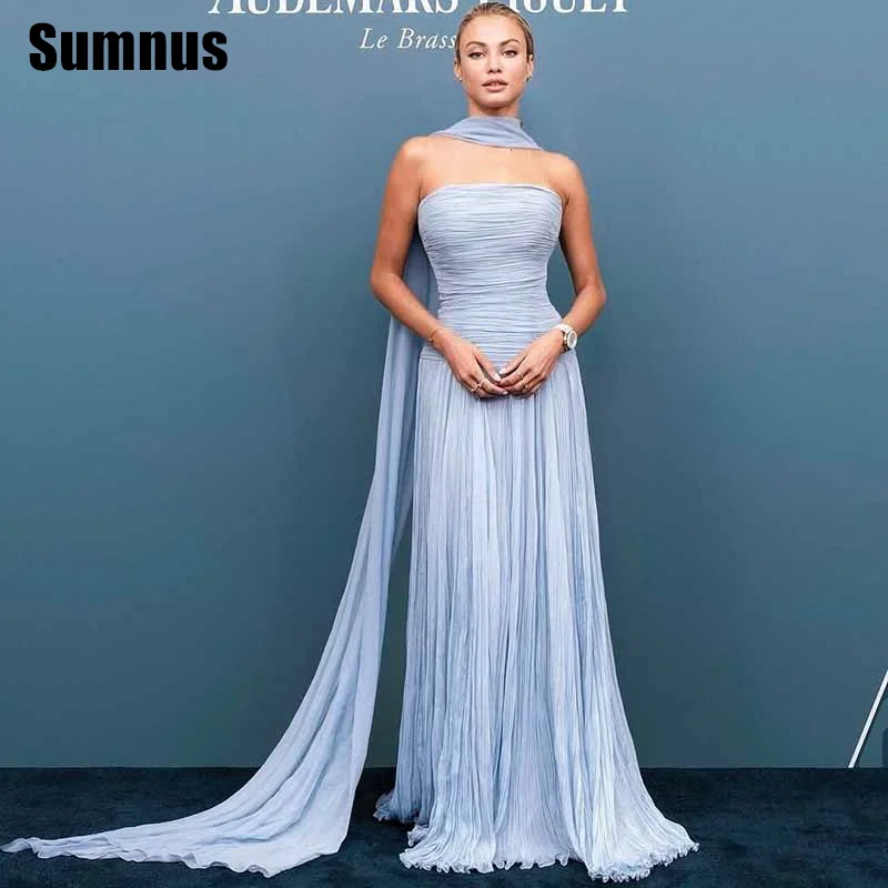 

Sumnus Elegant Sky Blue Straight Prom Dresses Strapless Sleeveless Pleats Floor-Length Evening Dresses فساتين سهرة Customized