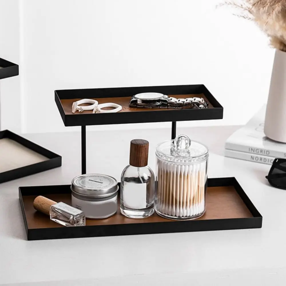 

Iron Double Layer Vanity Tray Large Capacity Decorative Jewelry Key Holder Rectangular Space Saving Jewelry Display Stand Rack
