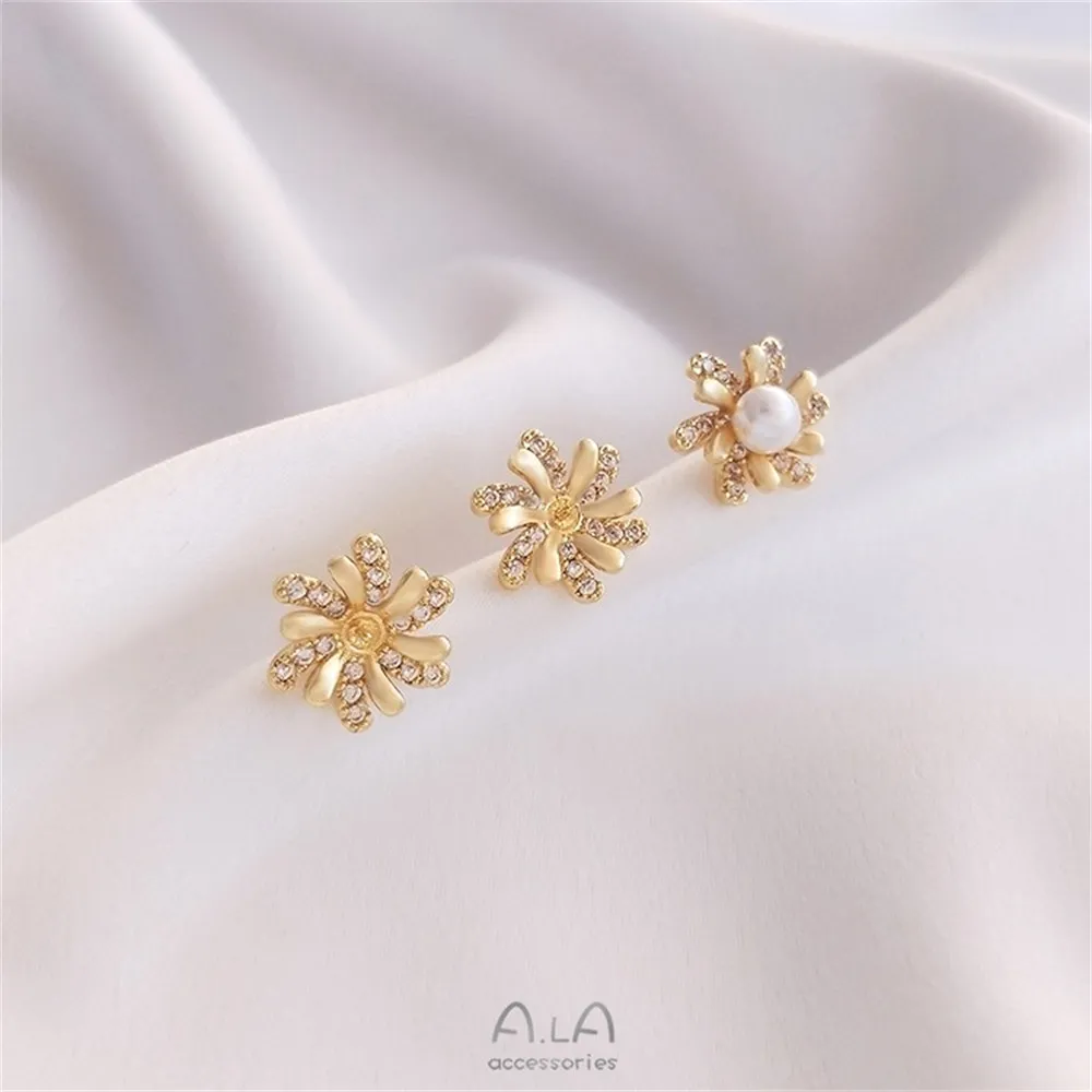 14K Gold-plated Micro-inlaid Zircon Daisy Half-hole Beaded Earrings 925 Silver Needle Diy Handmade Pearl Earrings E180