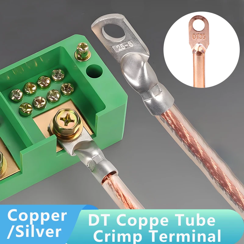 Silver/Gold DT Copper Tube Crimp Terminals DT-10 DT-16 DT-25 DT-35 DT-50 Terminal Blocks Cable Connectors Bare Bolt Holes
