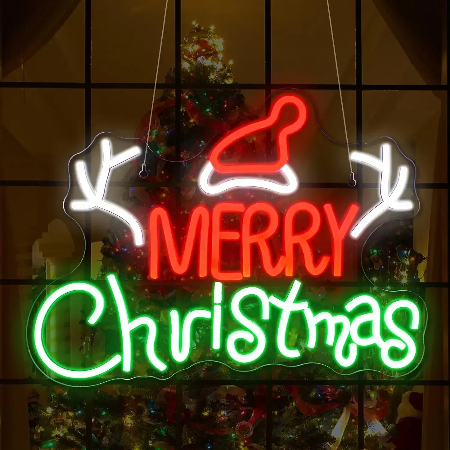 Merry Christmas Neon Sign Reindeer Antler LED Wall Art Xmas Hat Glow USB Powered Dimmable Acrylic Lamp Window Party Decor