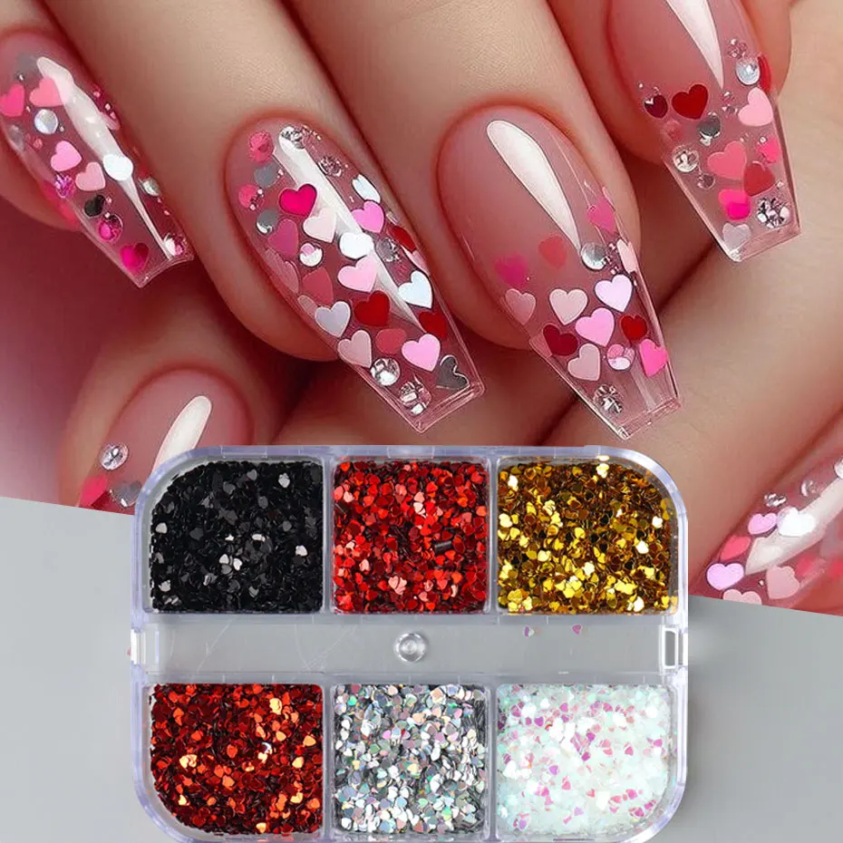 6 Grids Y2K Cute Heart Glitter Nail Sequins Kawaii Mini Golden Laser Silvery Love Nail Flake Korean Star DIY Nail Charm Supplies