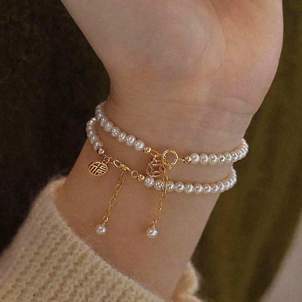Elegantes Imitationsperlen-Armband für Frauen im chinesischen Stil, Fu-Marken-Armband, Perle, rundes Zeichen, Glücksschmuck